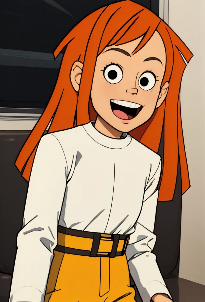 1girl, solo,smile,open mouth,orange hair,long hair,black eyes,white shirt,belt yellow pants,looking at viewer