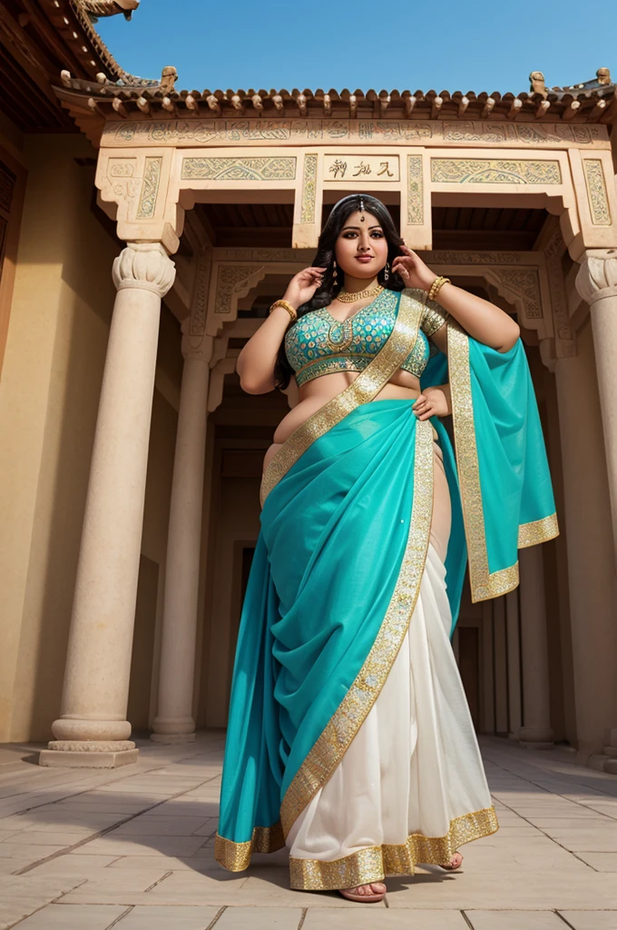 1 Heavenly beautiful and goddess beauty cute and sweet looking face Arabian female in front of Summer Palace, China, Heavenly beautiful Overweight, Heavenly beautiful Extremely fat, Heavenly beautiful and attractive Chubby figure , Heavenly beautiful looking and eye catching luxury style Bandhani Saree , reaching out, Heavenly beautiful Arabian woman, 16k, High resolution, masterpiece, highest quality, fine skin, outside view, Realistic Photograph