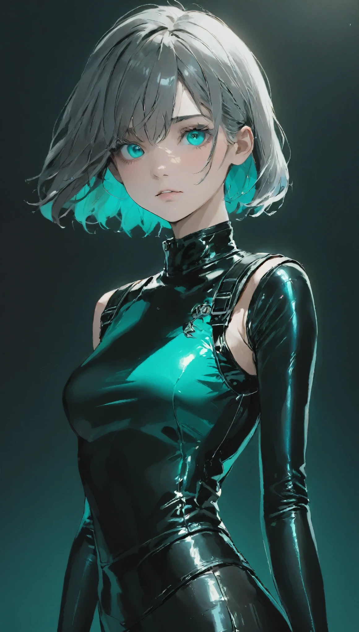 Polychromatic, 1 girl, night, dark, Gray hair,(Detailed drawing of the eye), Sharp eyes, angry, Looking at the audience, Latex shiny tights, Black shiny bulletproof vest, Upper Body, , Limited color palette, black background,Shiny turquoise,