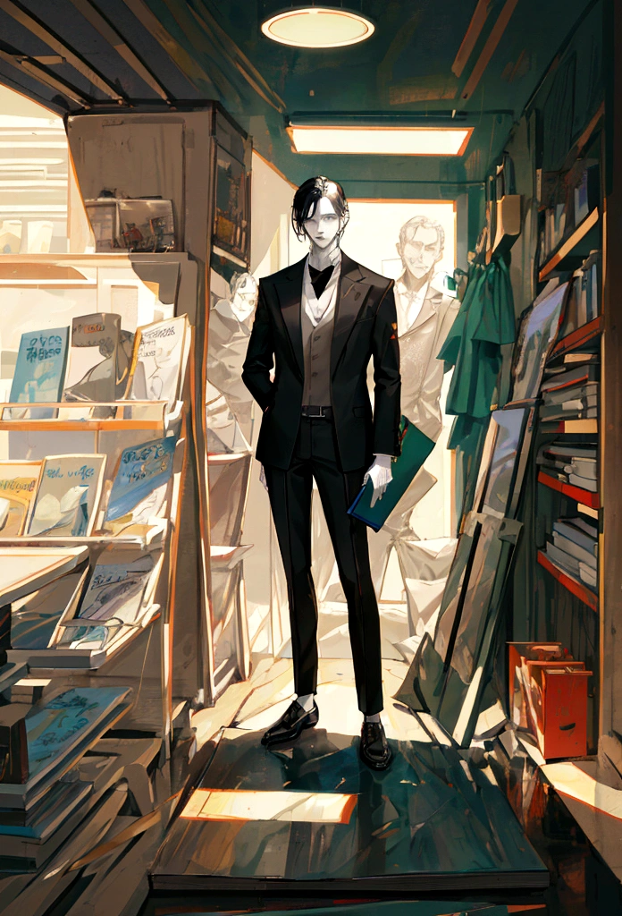 Beautiful young man, modern day, modern clothing, Male, 4k image, full body, black hair, pale skin, short black hair, man holding books, reading books, suit, The concept of a modern character, Three dementional facial features, complex character, concept art, Senior concept art, detailed full -body concept