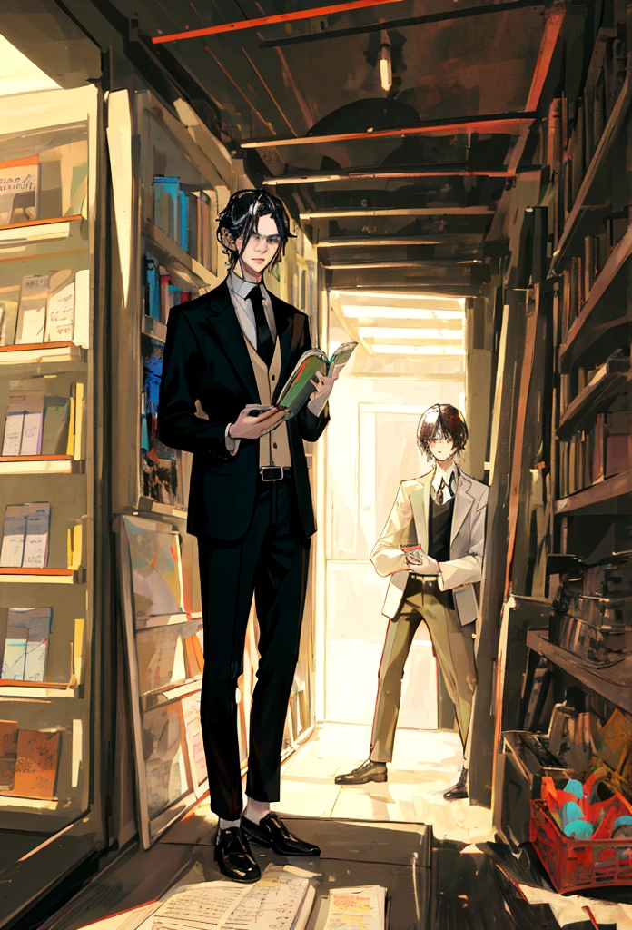Beautiful young man, modern day, modern clothing, Male, 4k image, full body, black hair, pale skin, short black hair, man holding books, reading books, suit, The concept of a modern character, Three dementional facial features, complex character, concept art, Senior concept art, detailed full -body concept