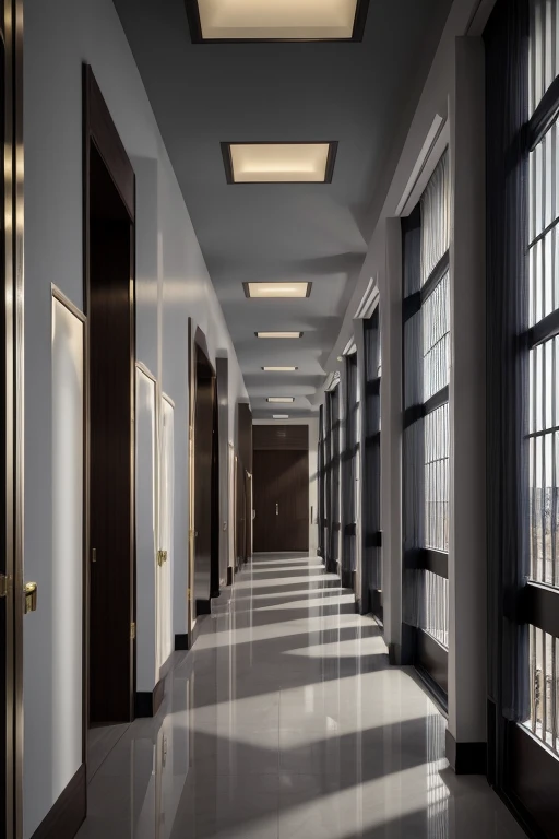 A fancy hospital (23 floors) large and spacious in gray colors, black and a little gold