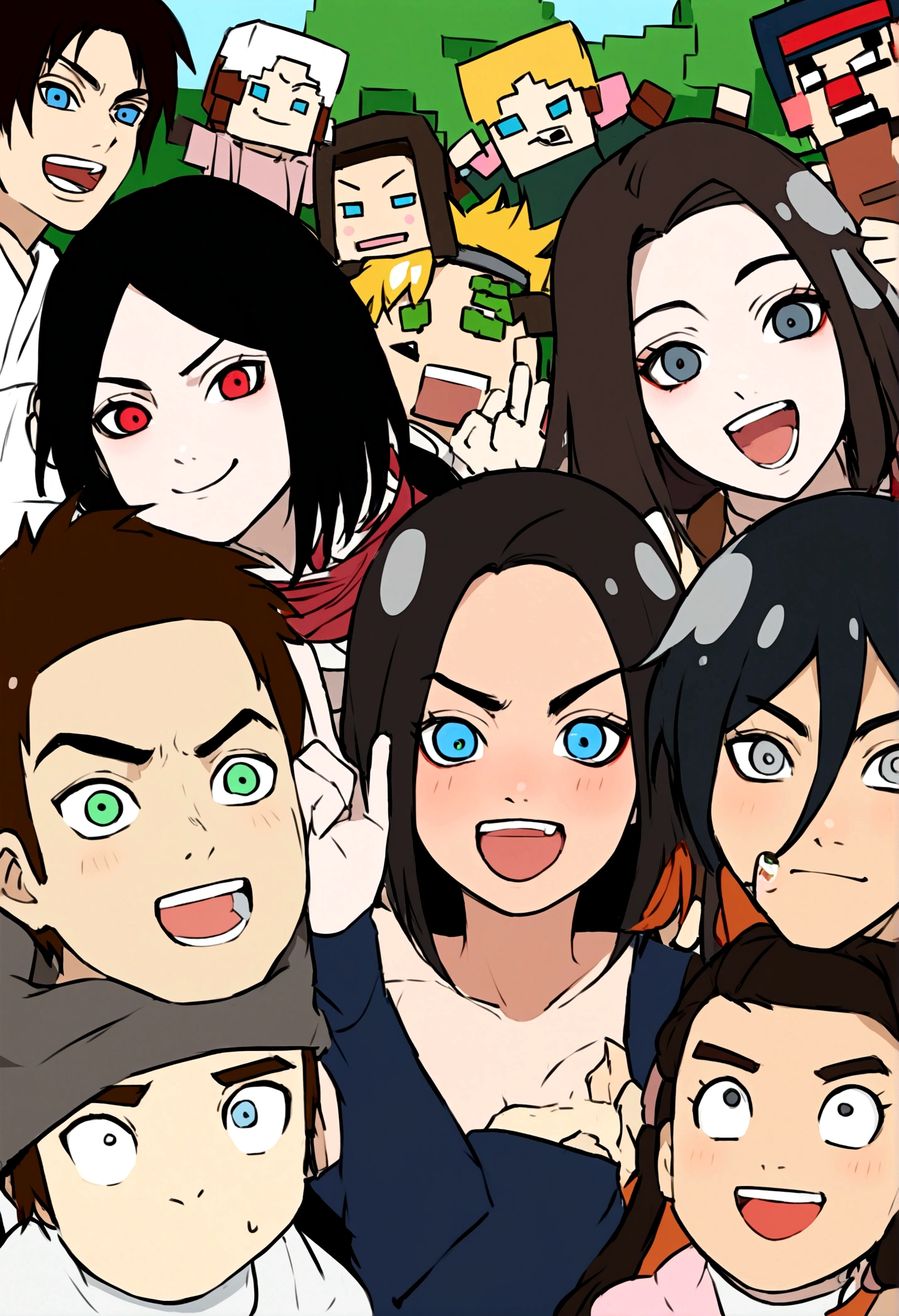 Eren,mikasa,tanjiro,nezuko,naruto,selfi with common boy Minecraft version