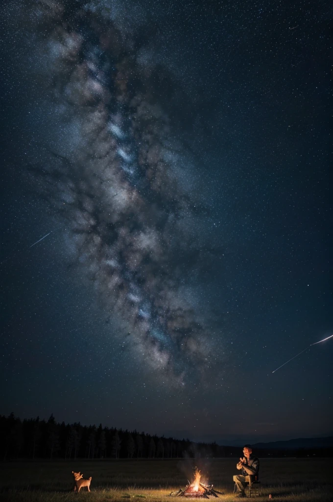 a man with a telescope in a starry sky field, starship campfire, dog, elementals, Orion constellation, blue-spectered being delivering stars 8K realism cyberpunk
