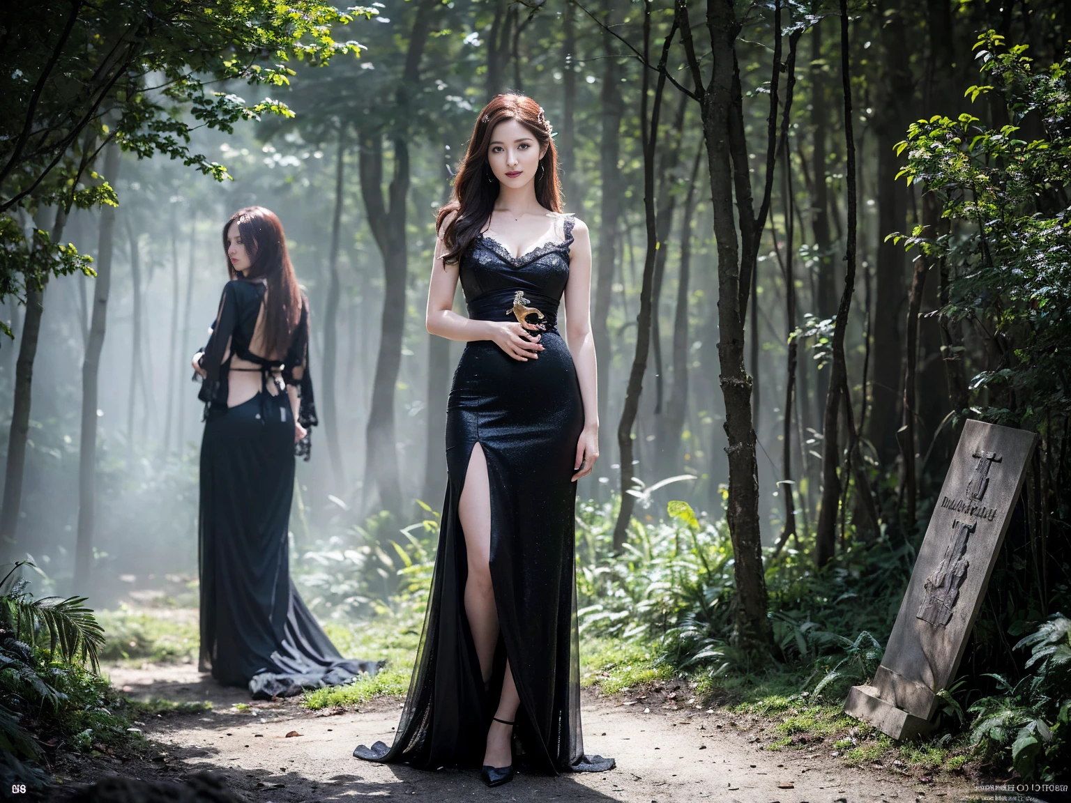 (Award-winning masterpiece:1.5), (incredible detail), (hyper realistic:1.4), (whole body:1.7), (battle-hardened warrior with scars), (standing victorious in the jungle), (detailed depiction of strength and resilience), (dramatic lighting), (intricate details:1.1), female sexy vampire|albino, pale porcelain skin, sexy vintage black dress, smile, shallow depth of field, grin|creepy, nightfall, detailed face, night, wide hips, narrow waist, portrait of woman standing, detailed eyes, portrait of woman standing, 8k RAW photo, highest quality, looking at the viewer, best shadow, intricate details, long hair, bright eyes, forest, grave, gothic, goth detailed, highres, high quality, high saturation