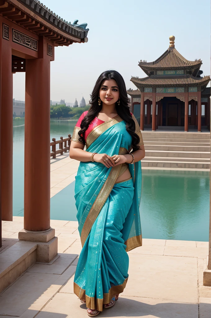 1 Heavenly beautiful and goddess beauty cute and sweet looking face Arabian female in front of Summer Palace, China, Heavenly beautiful Overweight, Heavenly beautiful Extremely fat, Heavenly beautiful and attractive Chubby figure , Heavenly beautiful looking and eye catching luxury style Bandhani Saree , reaching out, Heavenly beautiful Arabian woman, 16k, High resolution, masterpiece, highest quality, fine skin, outside view, Realistic Photograph