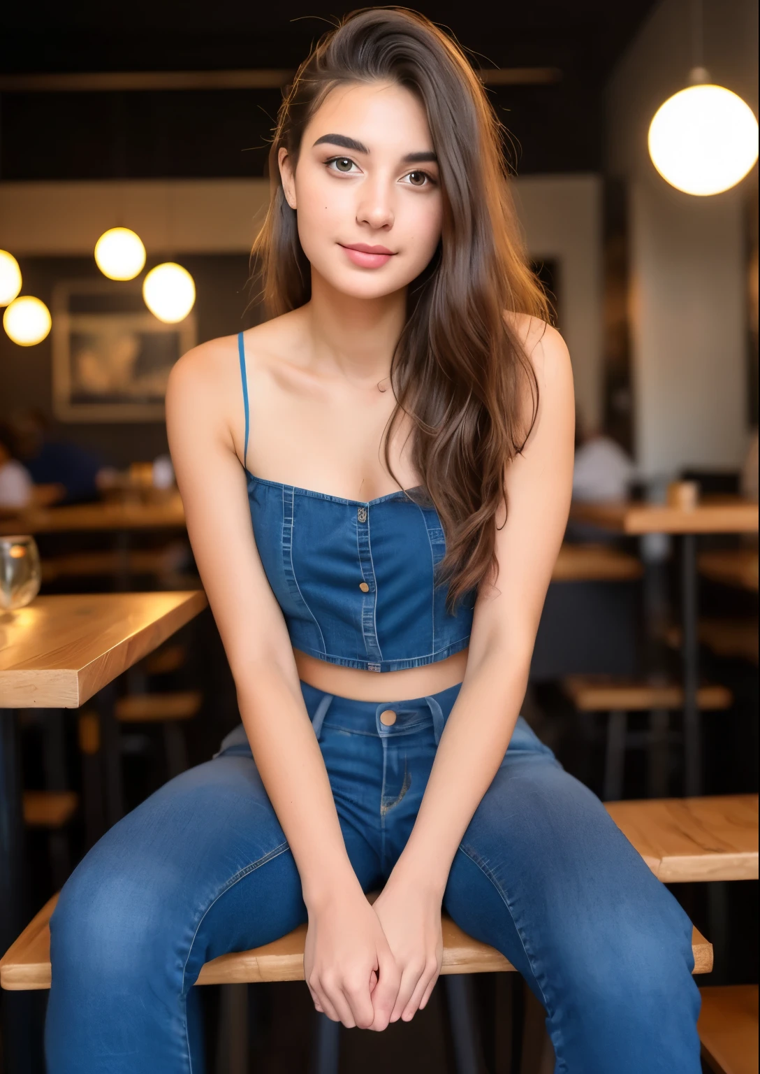((Not suitable for working hours)), 8K, RAW photos, best quality, 超high resolution, photoPractical, Practical photo of a girl wearing a croptop, Bare shoulders, jeans, Sitting in a small restaurant, beautiful, detailed face, detailed, high resolution, Practical, photoPractical, whole body, from head to foot, leg, Matte Skin, Pores, wrinkle, (extremely detailed CG unity 8K wallpaper), photo of the most beautiful artwork in the world, Professional Majestic (photography：Steve McCurry), 8K uhd, Digital SLR Camera, Soft lighting, high quality, Film Grain, Fuji XT3 Clear focus, f 5.6, High Detail, Clear focus, dramatic, (Looking at the audience:1.2), (Natural light)