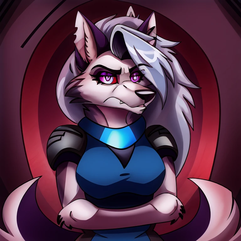 (masterpiece, best quality: 1.2), Loona Hellhound, a female bodyguard, wolf, furry, an amazing boss, hypnotized with glowing purple eyes, serious and angry face, wearing futuristic armor, in futuristic room background