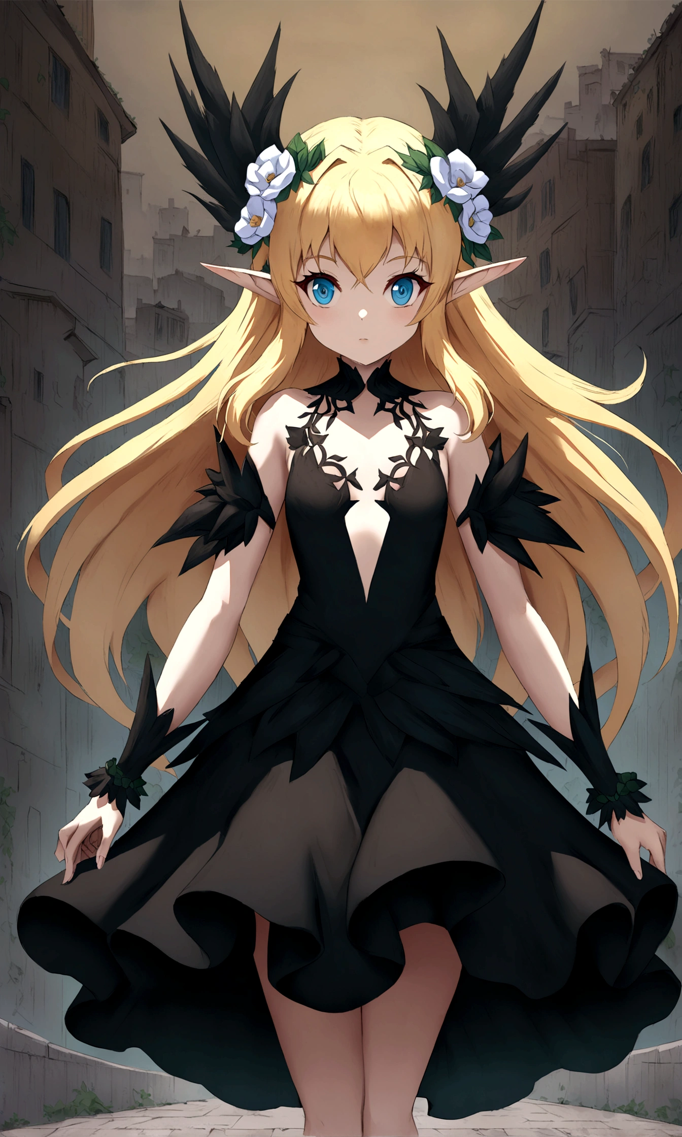 anime - style image of a woman in a black dress with a flower crown, elf girl, dress loli, elf girl wearing an flower suit, elf princess, zerochan art, blonde anime girl with long hair, cushart kenz, rossdraws sakimimichan, trends on artstation pixiv, an elf queen, anime girl wearing a black dress