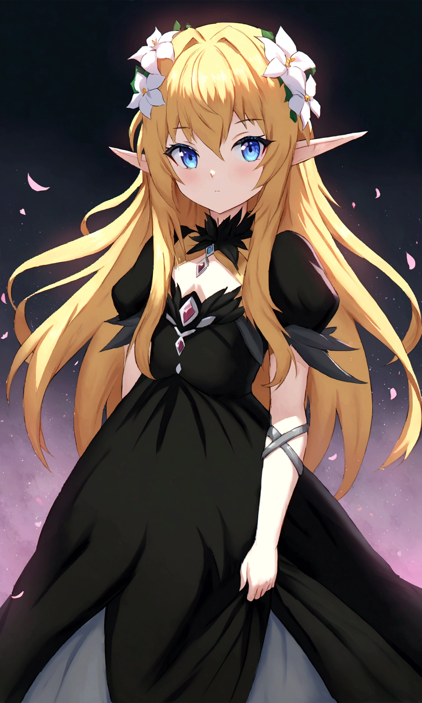 anime - style image of a woman in a black dress with a flower crown, elf girl, dress , elf girl wearing an flower suit, elf princess, zerochan art, blonde anime girl with long hair, cushart kenz, rossdraws sakimimichan, trends on artstation pixiv, an elf queen, anime girl wearing a black dress