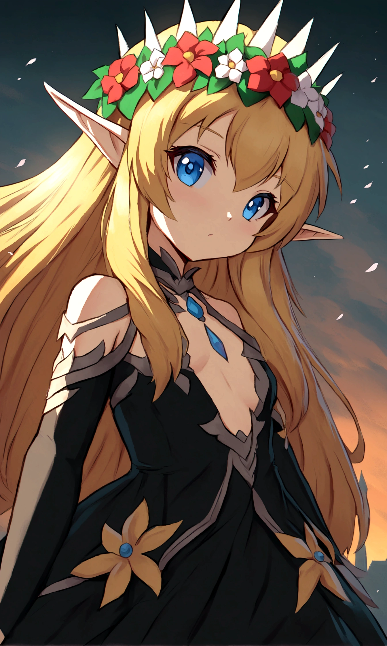 anime - style image of a woman in a black dress with a flower crown, elf girl, dress loli, elf girl wearing an flower suit, elf princess, zerochan art, blonde anime girl with long hair, cushart kenz, rossdraws sakimimichan, trends on artstation pixiv, an elf queen, anime girl wearing a black dress