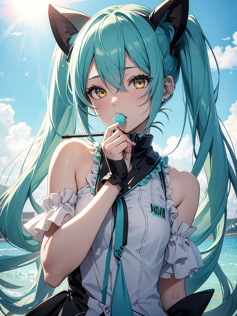hatsune miku, sucking a lollipop, yellow eyes, cat ears
