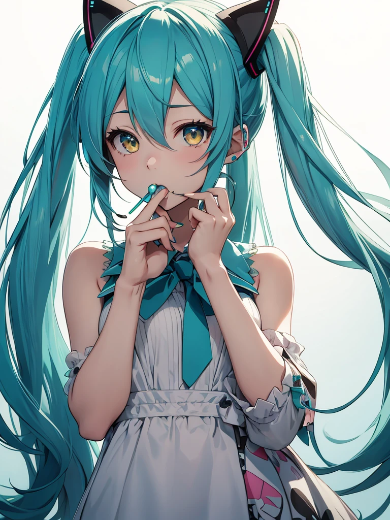 hatsune miku, sucking a lollipop, yellow eyes, cat ears