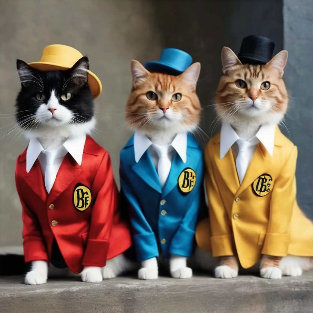 realistic image of cats dressed as The Beatles