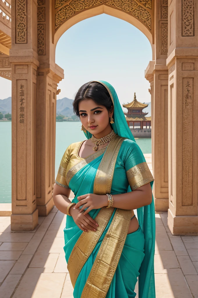 1 Heavenly beautiful and goddess beauty cute and sweet looking face Arabian female in front of Summer Palace, China, Heavenly beautiful Overweight, Heavenly beautiful Extremely fat, Heavenly beautiful and attractive Chubby figure , Heavenly beautiful looking and eye catching luxury style Bandhani Saree , reaching out, Heavenly beautiful Arabian woman, 16k, High resolution, masterpiece, highest quality, fine skin, outside view, Realistic Photograph, close up face view