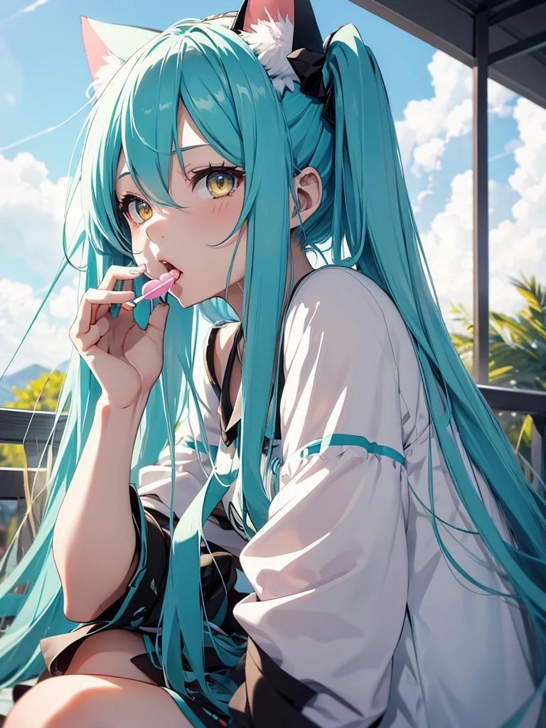 hatsune miku, sucking a lollipop, yellow eyes, cat ears, similing