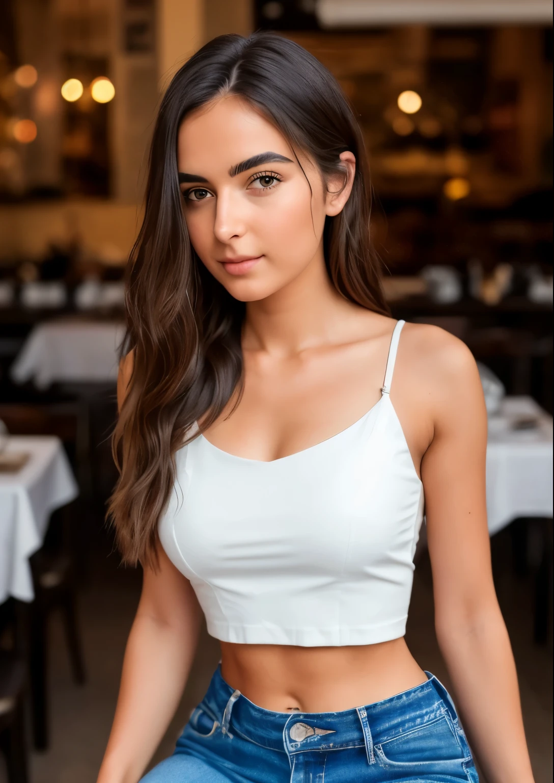 ((Not suitable for working hours)), 8K, RAW photos, best quality, 超high resolution, photoPractical, Practical photo of a girl wearing a croptop, Bare shoulders, jeans, Sitting in a small restaurant, beautiful, detailed face, detailed, high resolution, Practical, photoPractical, whole body, from head to foot, leg, Matte Skin, Pores, wrinkle, (extremely detailed CG unity 8K wallpaper), photo of the most beautiful artwork in the world, Professional Majestic (photography：Steve McCurry), 8K uhd, Digital SLR Camera, Soft lighting, high quality, Film Grain, Fuji XT3 Clear focus, f 5.6, High Detail, Clear focus, dramatic, (Looking at the audience:1.2), (Natural light)