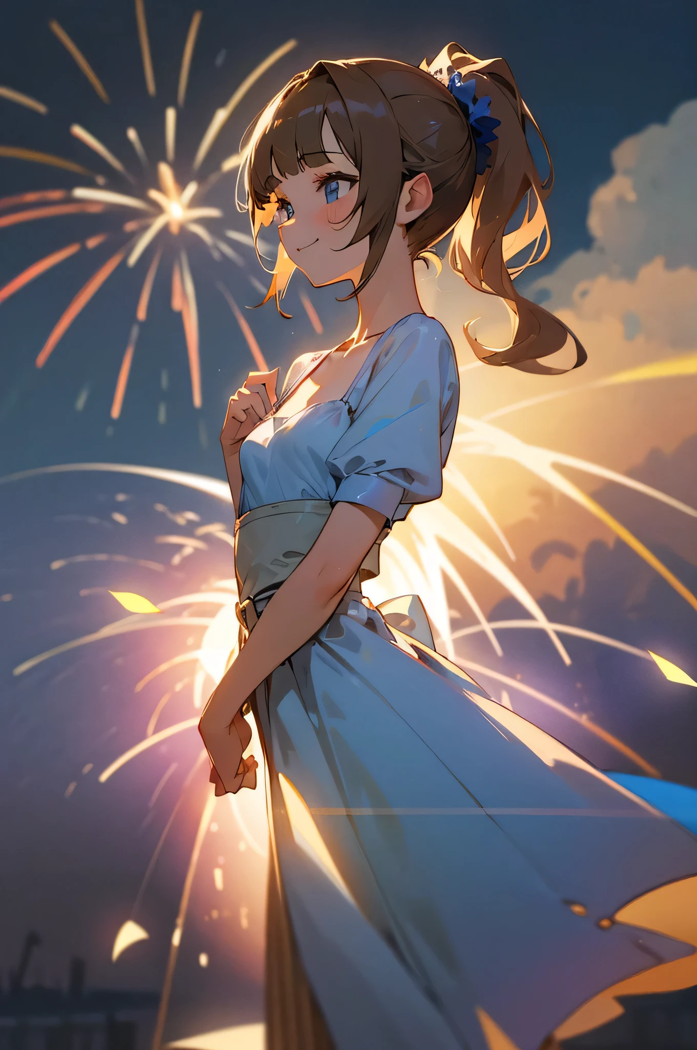 art:Cornflower,(masterpiece),(Highest quality:1.2),((Perfect Anatomy)),(Happy expression),(1 Girl),(Small breasts),Highest quality,Light brown hair in a ponytail,Blunt bangs,(From the side),(Glancing sideways),Beautiful and elegant blue eyes,Light-colored yukata,I saw the fireworks,Lots of fireworks,Dreamy and happy atmosphere,Pastel Tones,Dramatic lighting,Captivating smile