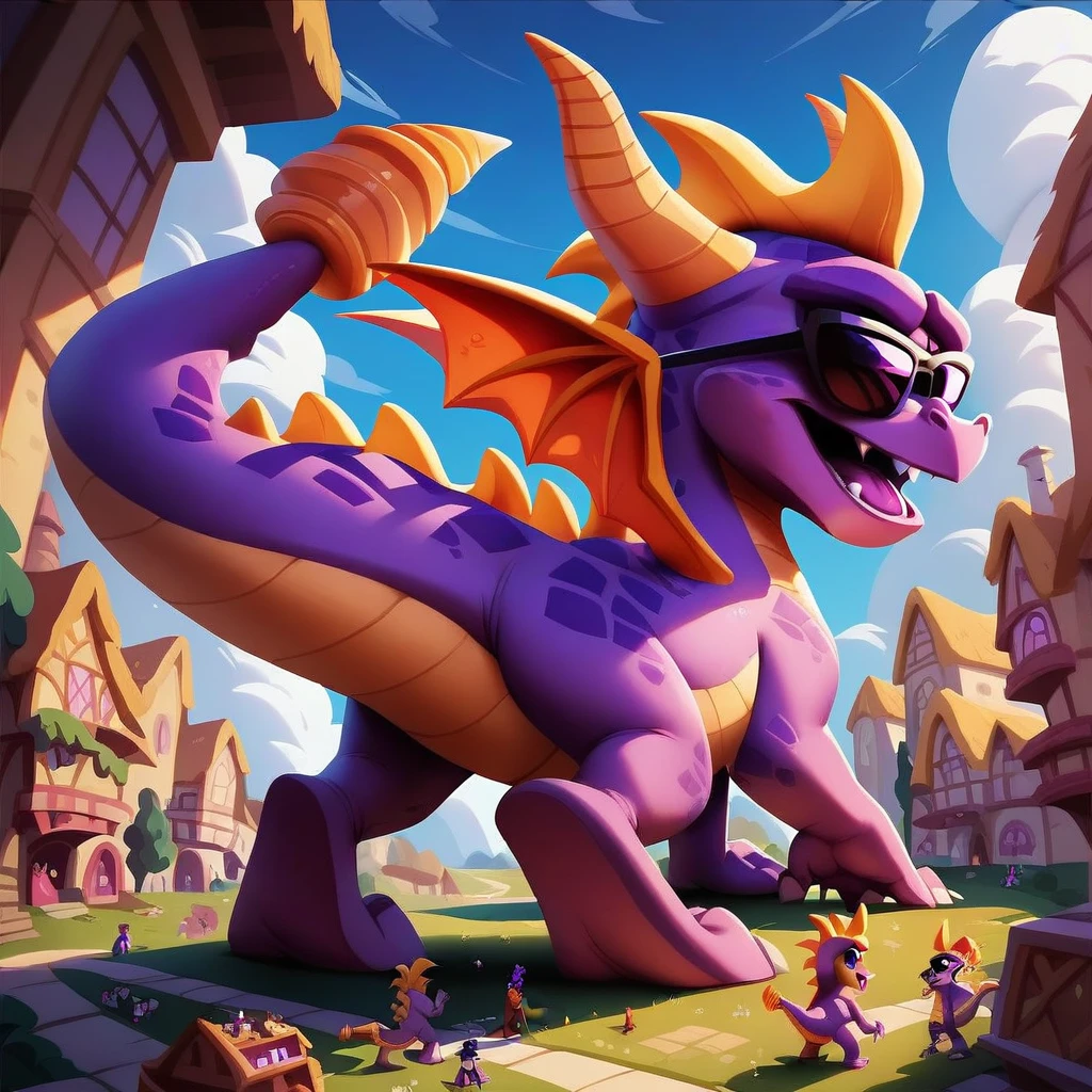 Spyro, macro, open mouth, full body, fang, sunglasses, no humans, standing, purple eyes, checkered floor, back, ((thick tail bottom))