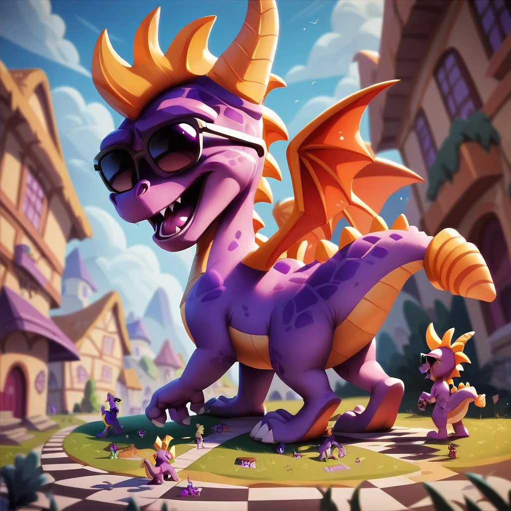 Spyro, macro, open mouth, full body, fang, sunglasses, no humans, standing, purple eyes, checkered floor, back, ((thick tail bottom))