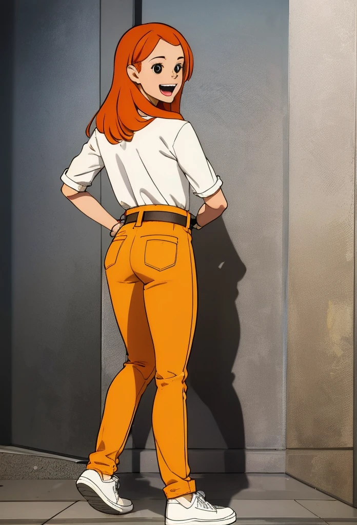 1girl, solo,smile,open mouth,orange hair,long hair,black eyes,white shirt,belt yellow pants,looking at viewer, back view, full body,