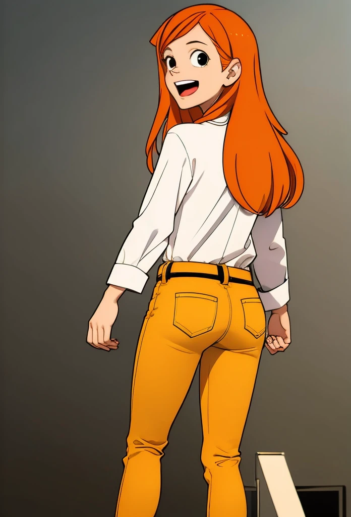 1girl, solo,smile,open mouth,orange hair,long hair,black eyes,white shirt,belt yellow pants,looking at viewer, back view, full body,