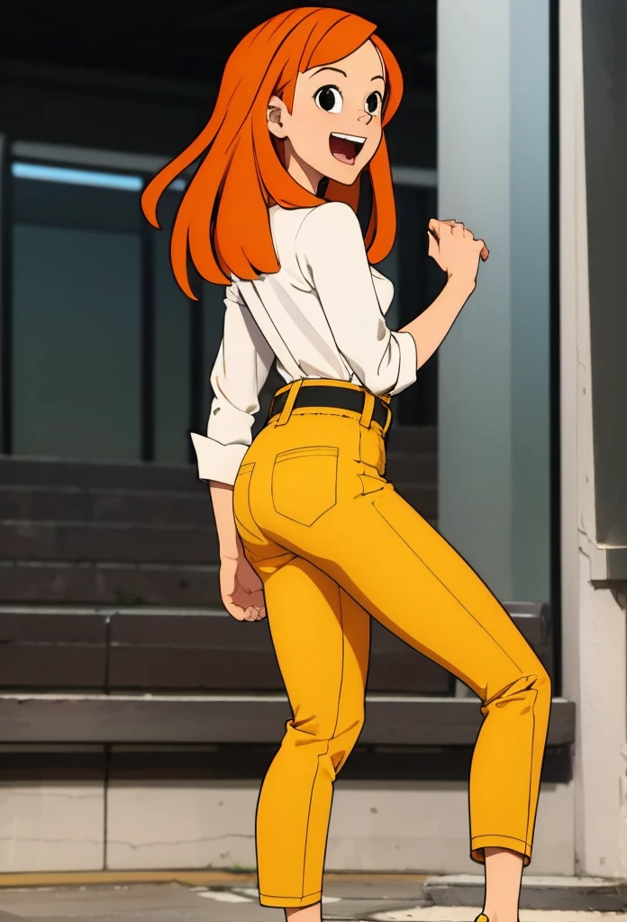 1girl, solo,smile,open mouth,orange hair,long hair,black eyes,white shirt,belt yellow pants,looking at viewer, back view, full body,