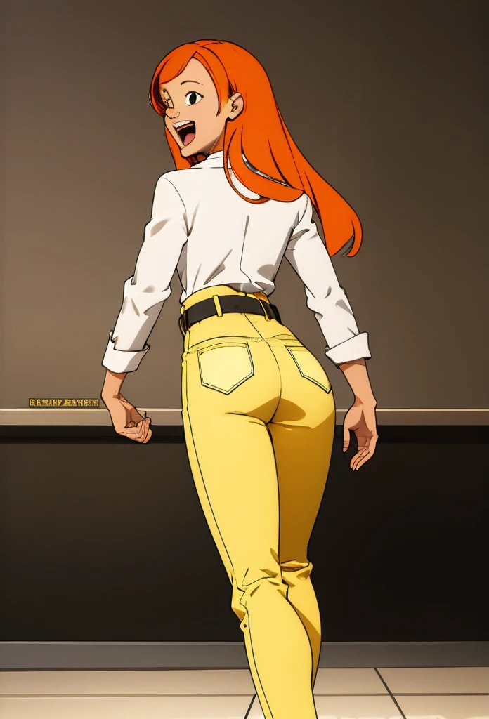 1girl, solo,smile,open mouth,orange hair,long hair,black eyes,white shirt,belt yellow pants,looking at viewer, back view, full body,