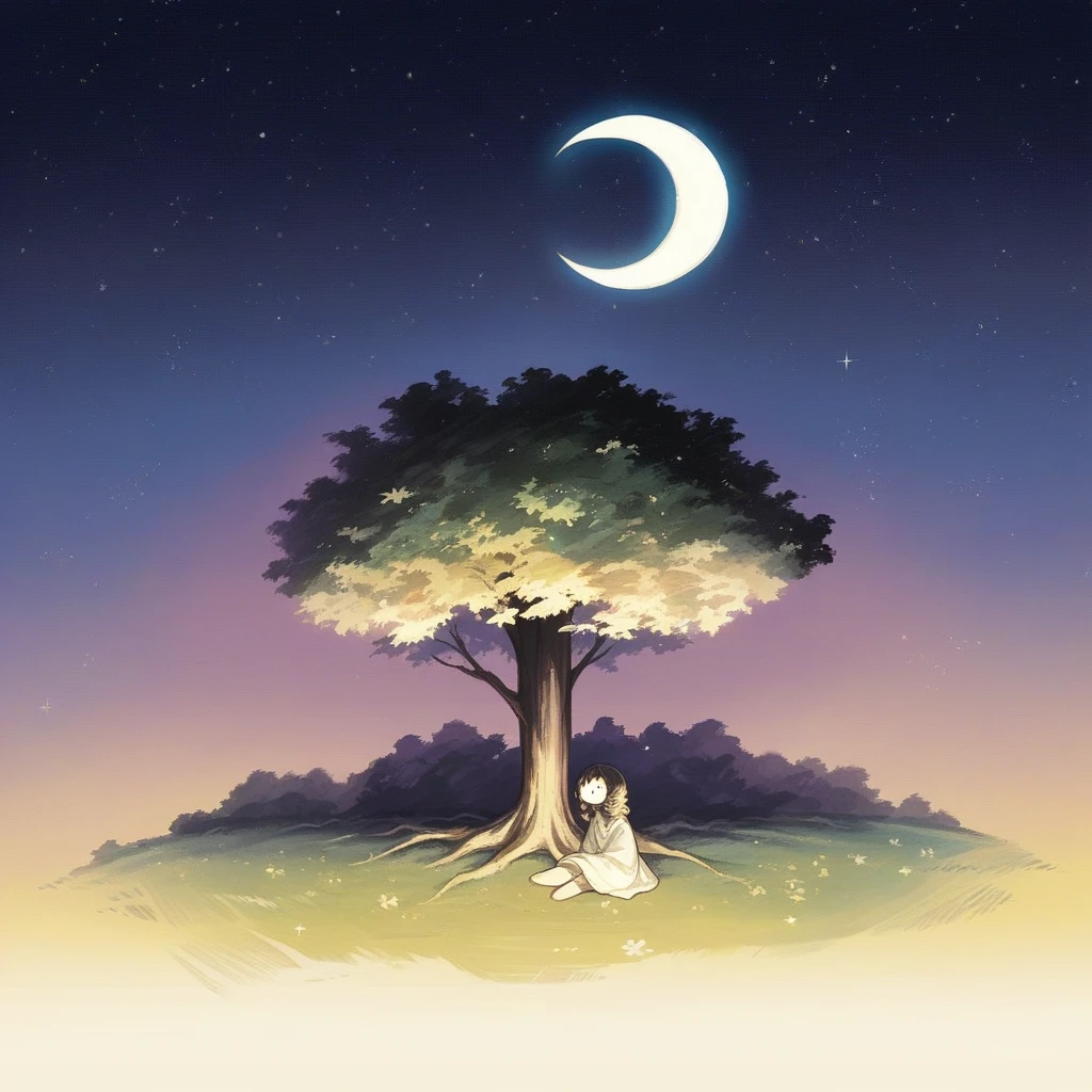 (Anime style photorealistic mature female gazing stars sitting under the tree), (Awestruck:0.5), (Highly detailed face:1.4), Nikon D850, film stock photograph, 4 Kodak Portra 400, camera f1.6 lens, saturated colors, hyper realistic, lifelike texture, dramatic lighting, Cinestill 800,, moon lighting, Medium wavy hair, anime, windy, crescent moon, starry night, moonlight, intricate, (masterpiece)