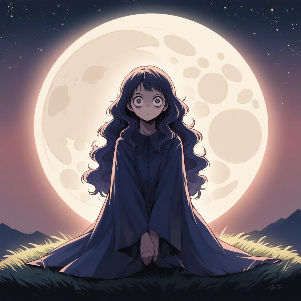 (Anime style photorealistic mature female gazing stars sitting under the tree), (Awestruck:0.5), (Highly detailed face:1.4), Nikon D850, film stock photograph, 4 Kodak Portra 400, camera f1.6 lens, saturated colors, hyper realistic, lifelike texture, dramatic lighting, Cinestill 800,, moon lighting, Medium wavy hair, anime, windy, crescent moon, starry night, moonlight, intricate, (masterpiece)