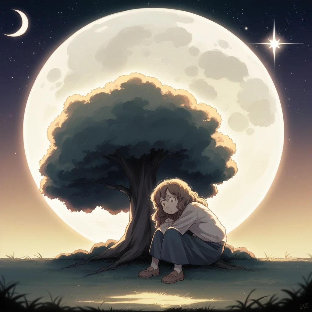 (Anime style photorealistic mature female gazing stars sitting under the tree), (Awestruck:0.5), (Highly detailed face:1.4), Nikon D850, film stock photograph, 4 Kodak Portra 400, camera f1.6 lens, saturated colors, hyper realistic, lifelike texture, dramatic lighting, Cinestill 800,, moon lighting, Medium wavy hair, anime, windy, crescent moon, starry night, moonlight, intricate, (masterpiece)