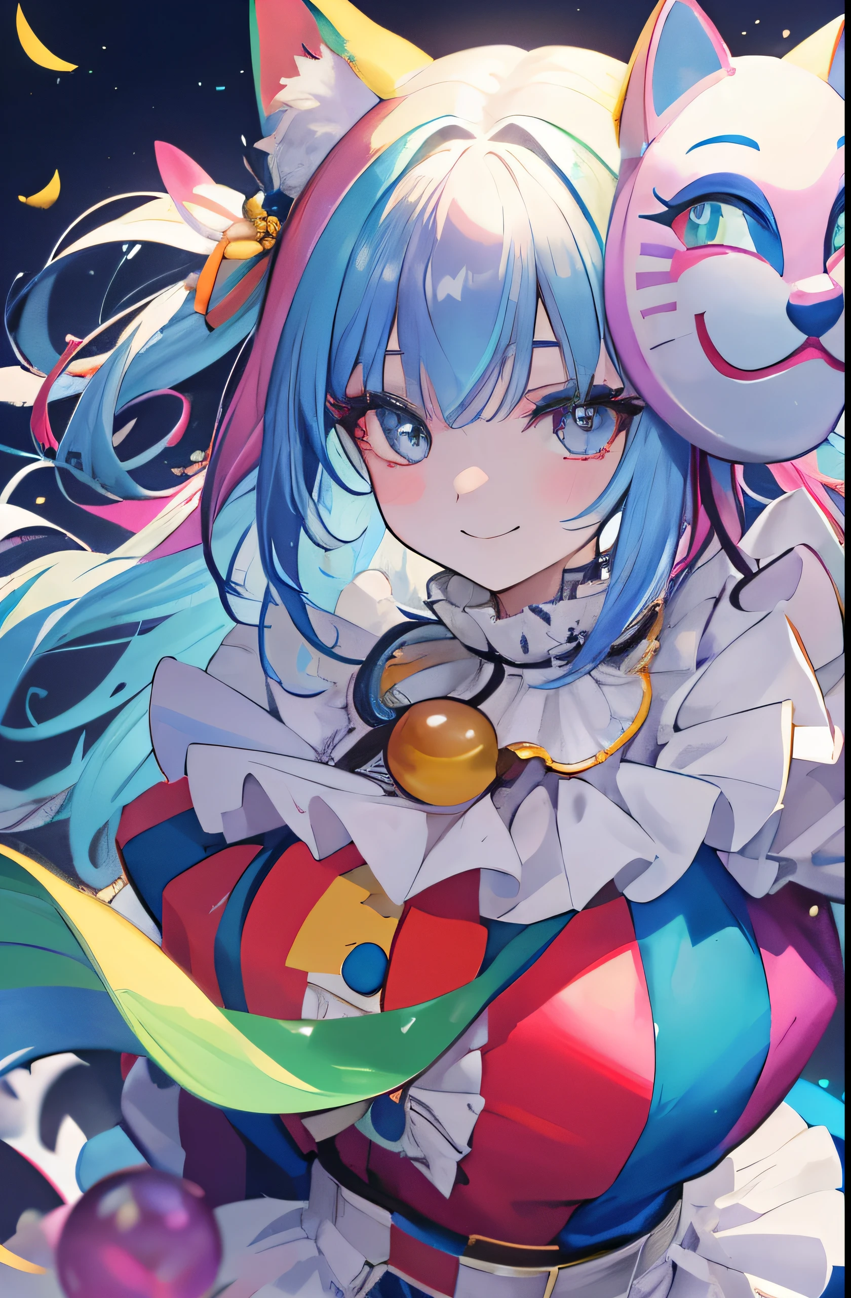 Best quality,high detail,masterpiece,1 woman,Iridescent hair,rainbow colored eyes,smiling face,cat mask,whole body,clown costume