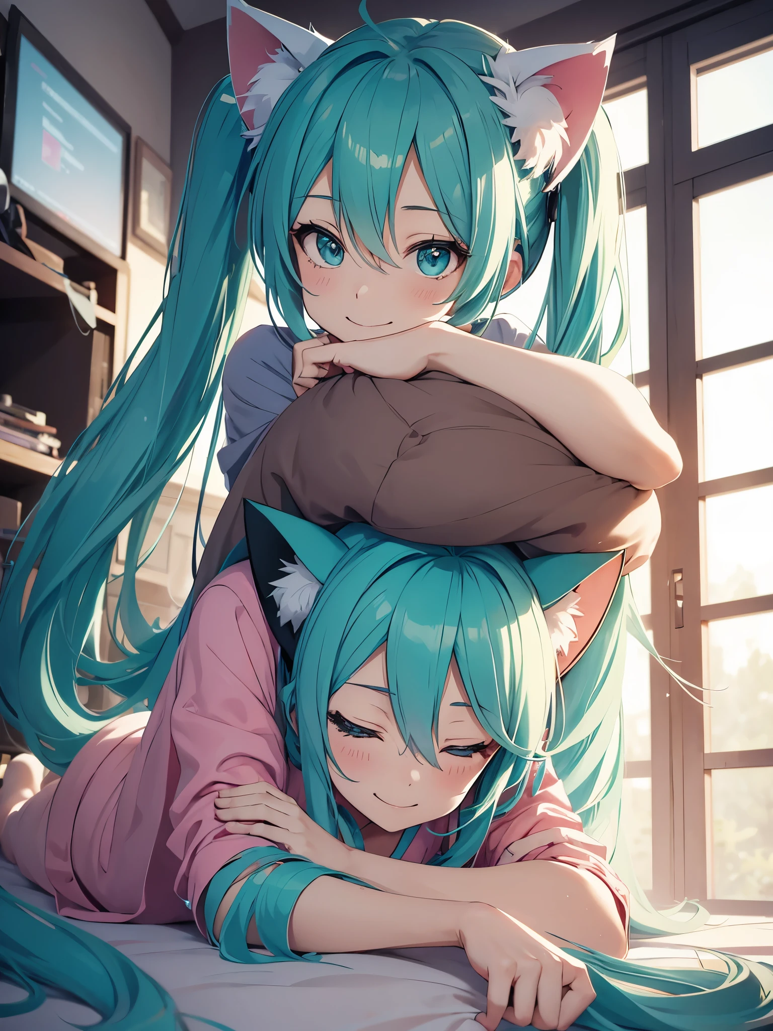 hatsune miku, pijama, cat ears, smiling, kneling
