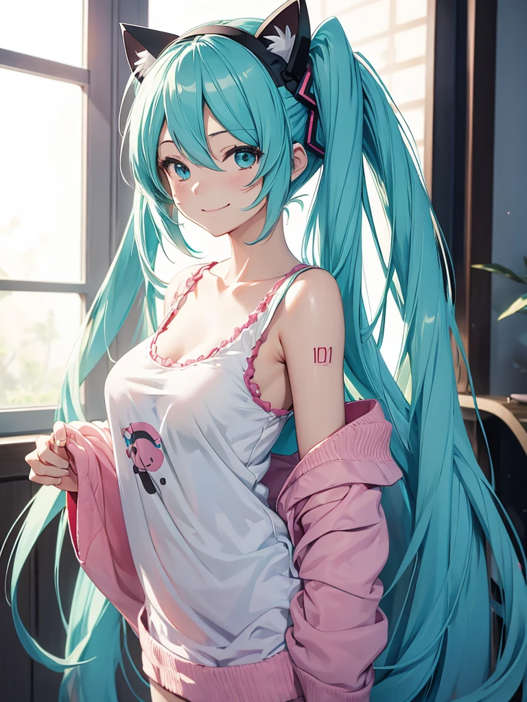 hatsune miku, pijama, cat ears, smiling, kneling, big tits