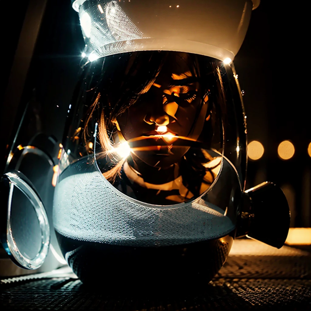 A VIDEO GAME CUP WITH A BLACK BACKGROUND THAT PROJECTS VERY BEAUTIFUL RAYS OF ORANGE AND WHITE COLORS AND THAT LIGHTS UP THE CUP , THAT FROM THE BACKGROUND YOU SEE A LABORATORY 