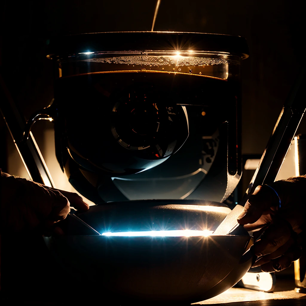 A VIDEO GAME CUP WITH A BLACK BACKGROUND THAT PROJECTS VERY BEAUTIFUL RAYS OF ORANGE AND WHITE COLORS AND THAT LIGHTS UP THE CUP , THAT FROM THE BACKGROUND YOU SEE A LABORATORY 