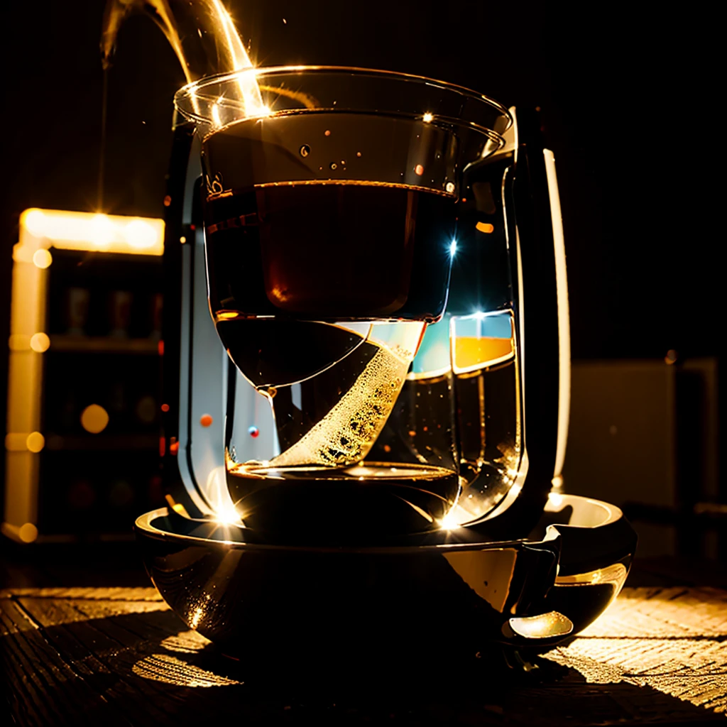 A VIDEO GAME CUP WITH A BLACK BACKGROUND THAT PROJECTS VERY BEAUTIFUL RAYS OF ORANGE AND WHITE COLORS AND THAT LIGHTS UP THE CUP , THAT FROM THE BACKGROUND YOU SEE A LABORATORY