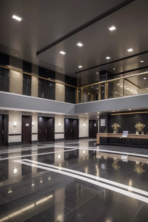 A fancy hospital (23 floors) large and spacious in gray colors, black and a little gold reception throughout
