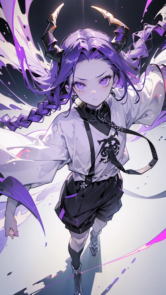 boy. open forehead. Long dark purple hair braided on the left side. Black horns with white ribbon. pale violet eyes. Long white t-shirt. Dark purple shorts. Dark purple knee socks. Robe with a white hood with an ornament of gold rings. Concrete walls black limit purple light water on the floor