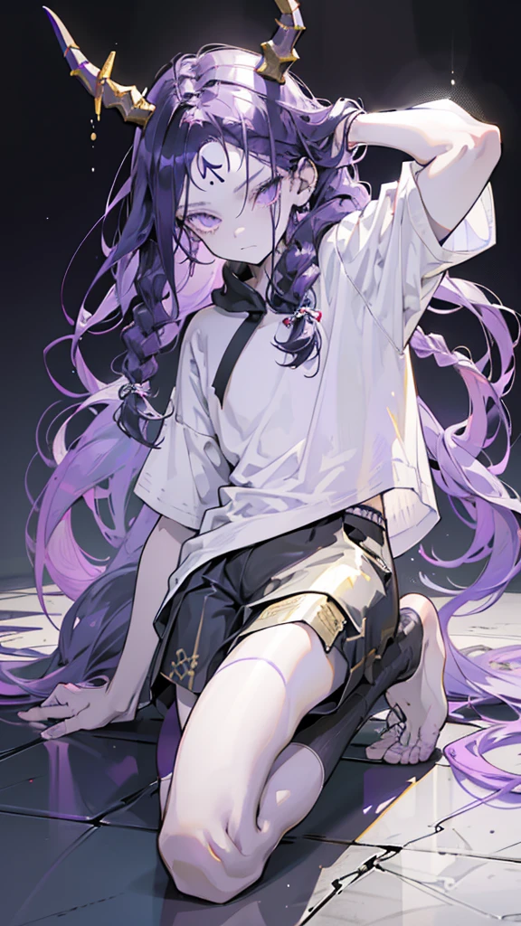 boy. open forehead. Long dark purple hair braided on the left side. Black horns with white ribbon. pale violet eyes. Long white t-shirt. Dark purple shorts. Dark purple knee socks. Robe with a white hood with an ornament of gold rings. Concrete walls black limit purple light water on the floor