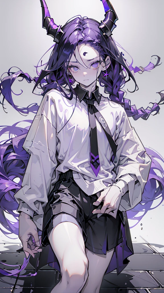 boy. open forehead. Long dark purple hair braided on the left side. Black horns with white ribbon. pale violet eyes. Long white t-shirt. Dark purple shorts. Dark purple knee socks. Robe with a white hood with an ornament of gold rings. Concrete walls black limit purple light water on the floor