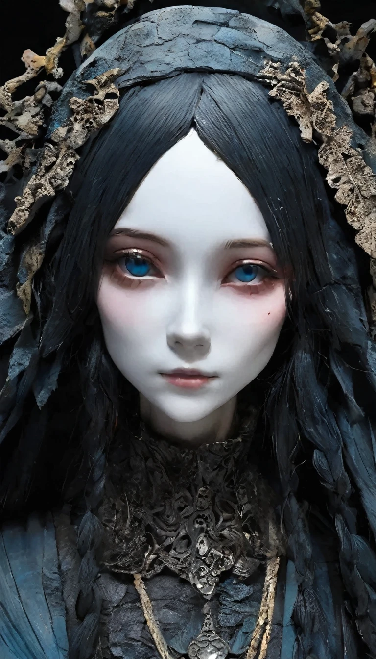 💀、☠、girl、❤、💀、Dark Fantasy、💀🥵💗、old，dirty， Mineral pigments，3D粘土clay sculpture艺术，clay sculpture、A woman、