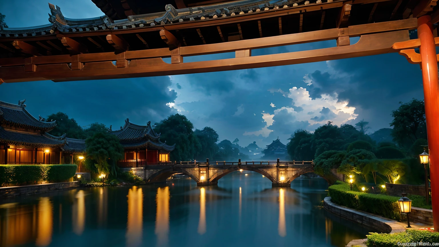 The Jiangnan ancient town has just finished raining, with a fresh scent lingering in the air. The river flows gently, flanked by classical Chinese buildings with white walls and black tiles, and red lanterns swaying under the eaves. A black-awning boat glides through the river, the boatman skillfully maneuvering the oars. A gentle breeze passes by, causing water droplets to fall from the leaves and eaves, creating ripples in the water. The sky is overcast with dark clouds, and distant scenes appear faint in the mist, making the entire scene peaceful and serene.