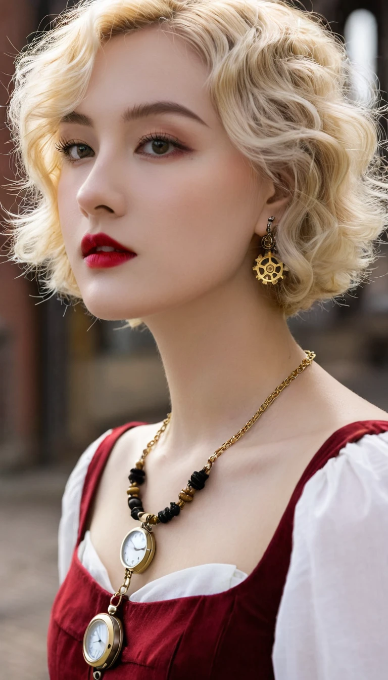 close up, Little Red Riding Hood blonde straight short curly hair, watch on necklace, (victorian era), ((steampunk)), Photography, work, elegant, meticulous, gorgeous, Maximum details, Extreme search for aesthetics., complex details, many gears, old town background