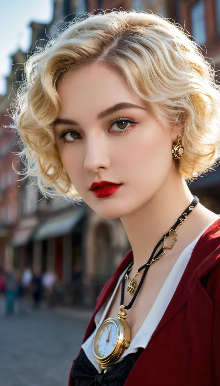 close up, Little Red Riding Hood blonde straight short curly hair, watch on necklace, (victorian era), ((steampunk)), Photography, work, elegant, meticulous, gorgeous, Maximum details, Extreme search for aesthetics., complex details, many gears, old town background