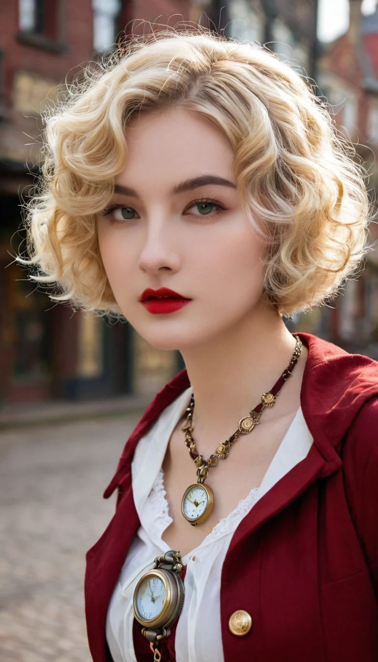 close up, Little Red Riding Hood blonde straight short curly hair, watch on necklace, (victorian era), ((steampunk)), Photography, work, elegant, meticulous, gorgeous, Maximum details, Extreme search for aesthetics., complex details, many gears, old town background