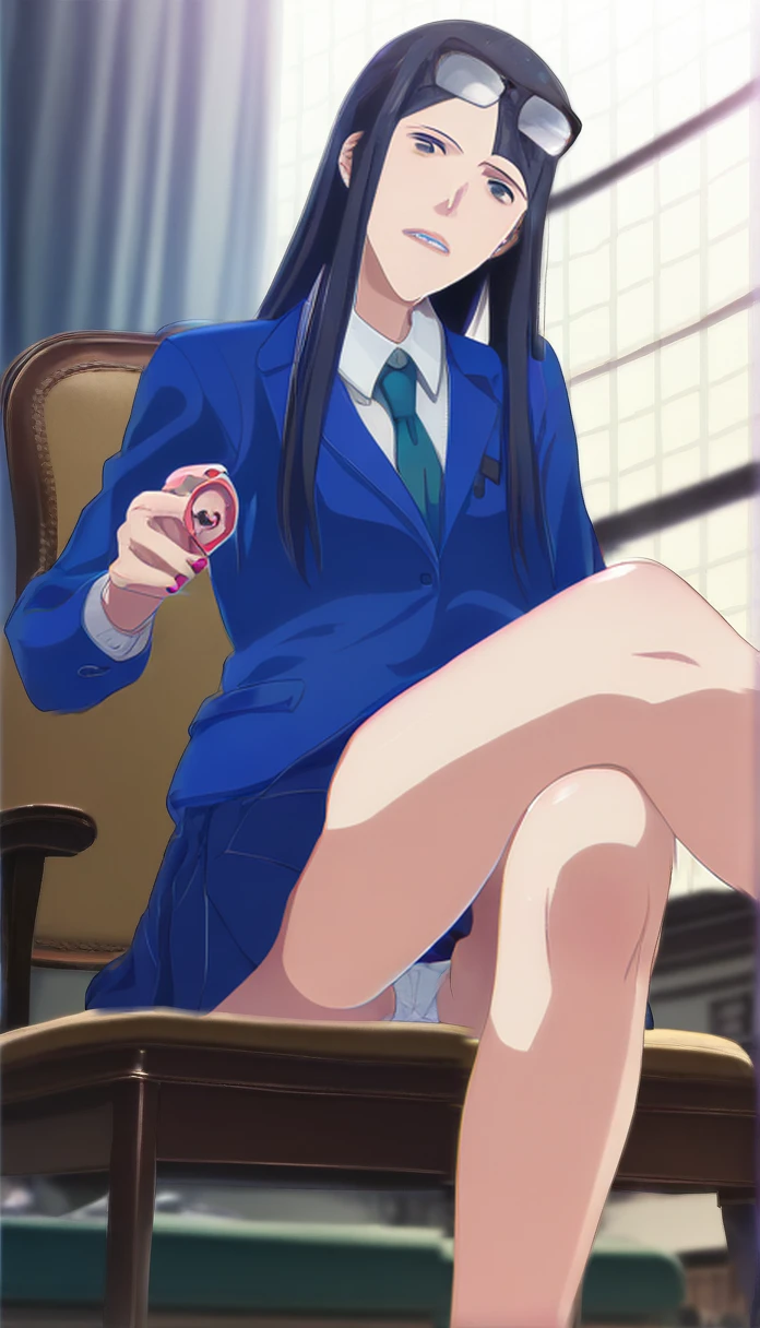 score_9, score_8, score_7, sauce_anime,
evaluation_general, anime, Official Art,
kanamori, Wear glasses on your head, Seraph Freckles, Pleated skirt, blazer, Blue Skirt, Sit on a chair,mini skirt,Spread your legs,Thighs,Bare legs,Satin panties are visible,One girl,alone, indoor,