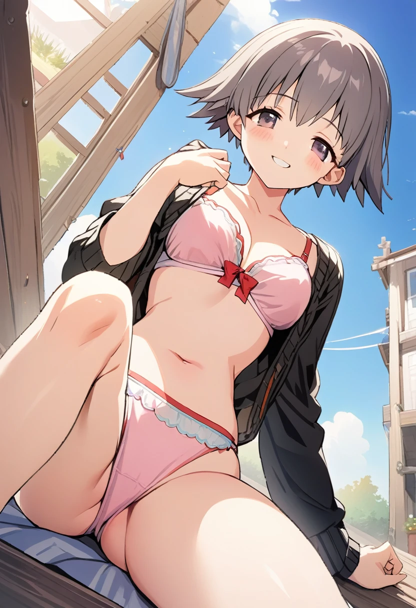 One girl,((Nozomi)),smile、The whole body is shown、Cute pose、countryside、blue sky、Cute string panties and string bra are visible、Leg spread、from below,A complete depiction of the human body,masterpiece, Highest quality, Game CG, ultra detailed、highres、extremely detailed CG 