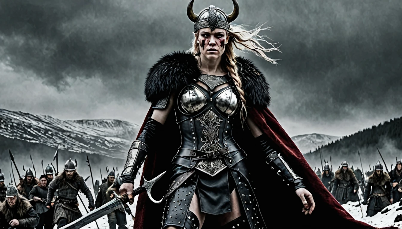 macabre style Capture the indomitable spirit of a beautiful Viking Age princess warrior, Hills envoronement shot, standing triumphantly amidst the chaos of a brutal skirmish, wearing luxurious furs and distressed leathers, she embodies sophisticated savagery, crimson droplets of blood from the skirmish adorn her countenance, employing a low camera angle to emphasize the magnitude of her stature and authority, effectively positioning her as a titan above mere mortals, merging reality with fantasy, this provocative tableau challenges conventional notions of beauty, inspiring reflection on what it means to be strong, commanding, and utterly bewitching, style of Nick Knight, style of Igor Morski, style of Wlop, . dark, gothic, grim, haunting, highly detailed