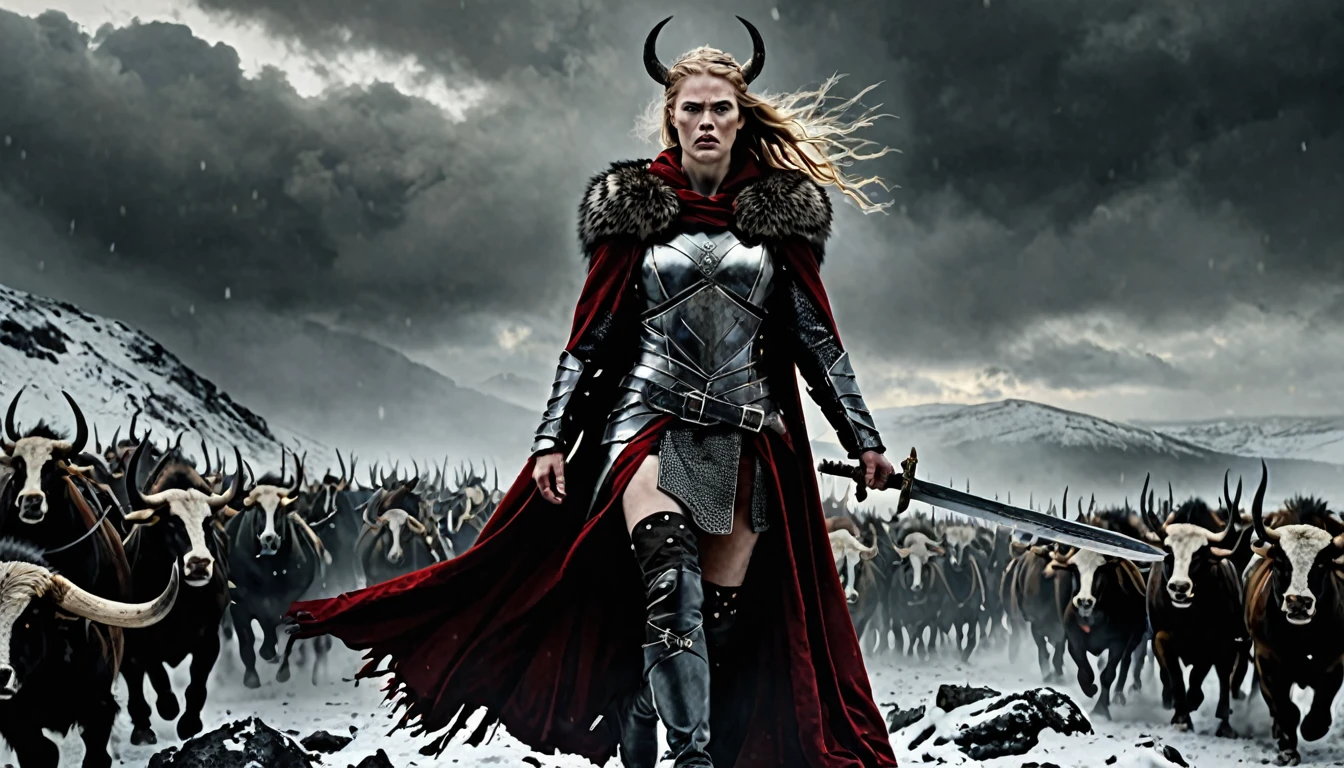 macabre style Capture the indomitable spirit of a beautiful Viking Age princess warrior, Hills envoronement shot, standing triumphantly amidst the chaos of a brutal skirmish, wearing luxurious furs and distressed leathers, she embodies sophisticated savagery, crimson droplets of blood from the skirmish adorn her countenance, employing a low camera angle to emphasize the magnitude of her stature and authority, effectively positioning her as a titan above mere mortals, merging reality with fantasy, this provocative tableau challenges conventional notions of beauty, inspiring reflection on what it means to be strong, commanding, and utterly bewitching, style of Nick Knight, style of Igor Morski, style of Wlop, . dark, gothic, grim, haunting, highly detailed